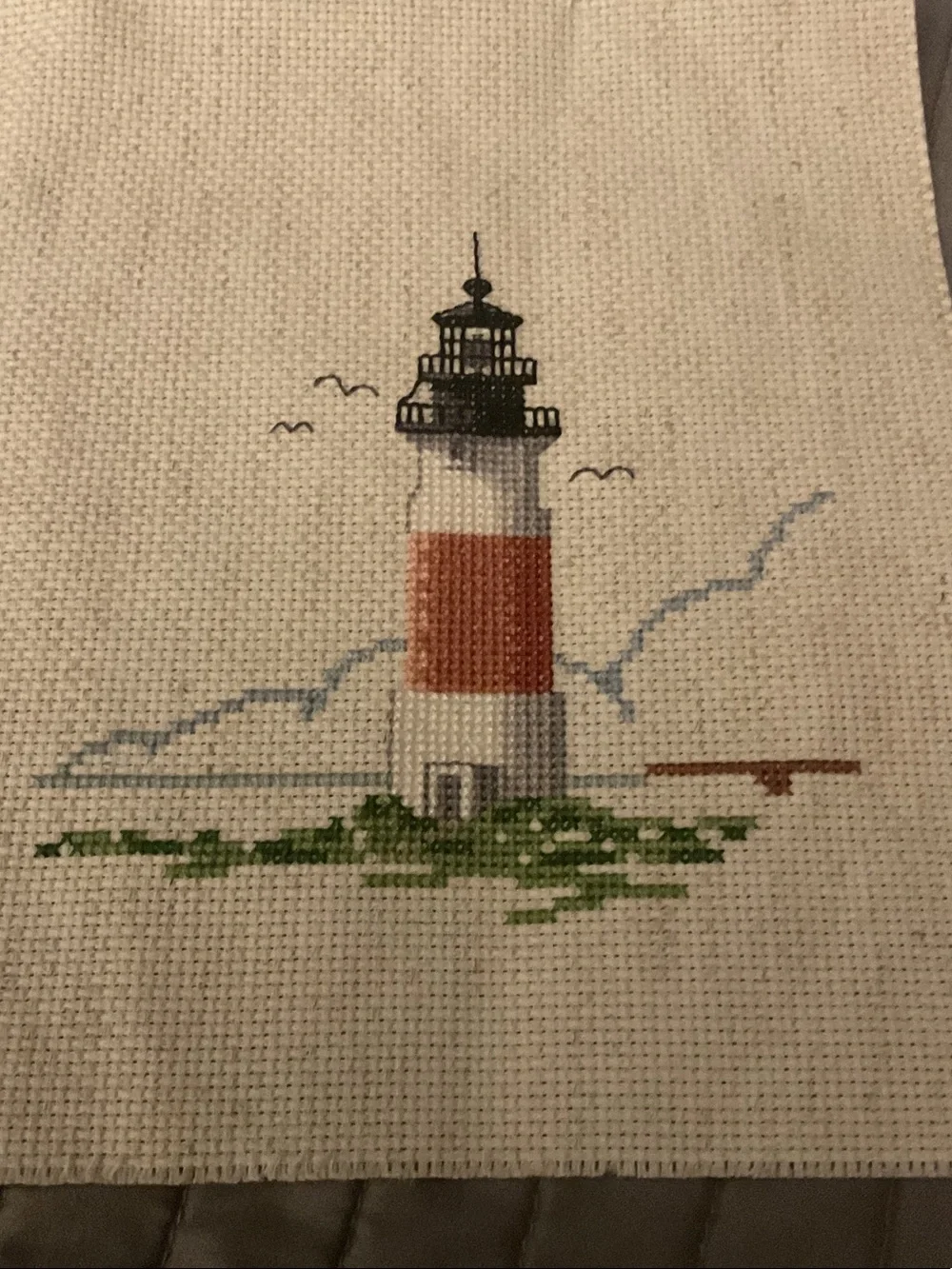 Handcrafted Lighthouse Cross-Stitch Wall Art - Red, White, Green